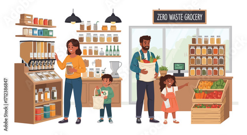 A family shops consciously at a modern zero waste grocery store, embracing sustainable living and bulk buying to reduce environmental impact.