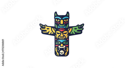 Colorful Totem Pole Illustration with Intricate Details and Cultural Significance.