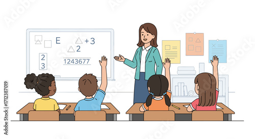 An attentive teacher encourages active participation from her diverse class of elementary students, who eagerly raise their hands to answer questions.