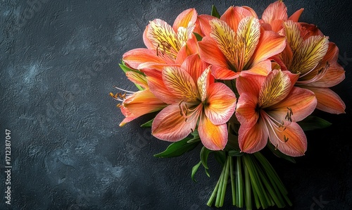 A bouquet of vibrant orange-peach alstroemeria flowers arranged on a dark stone surface