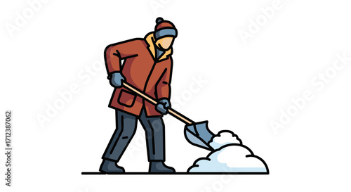 An individual dressed in warm winter attire is depicted actively engaged in the laborious task of shoveling snow after a snowfall, demonstrating winter chores.