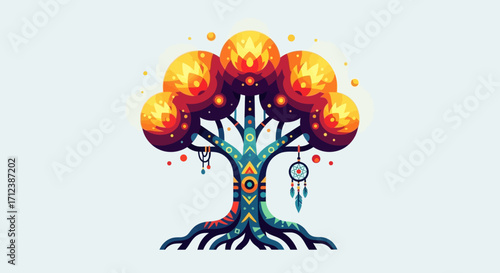 Colorful vibrant tree of life design with dream catcher.