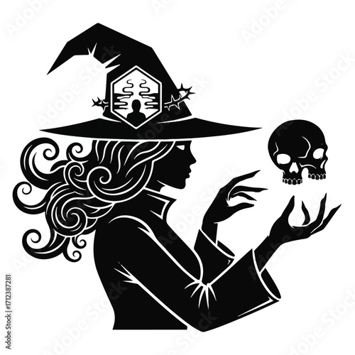 A stylized silhouette of a witch, elegantly poised, levitating a skull with outstretched hands, her witch's hat adorned with intricate details.