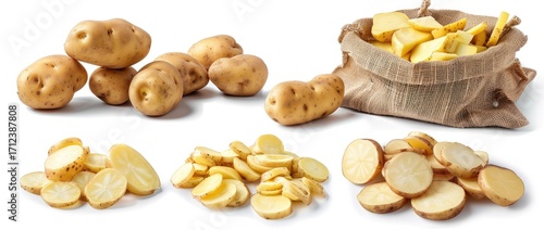 Photo of potatoes in various forms, including whole potatoes and sliced potato slices, on a white background. The set includes images showing bags filled with cut up potatoes