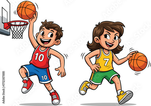 Children, basketball, dunk, dribble, sports, play, action, energy, teamwork, fun, motion, athletic, court, game, jump, competition, youth, outdoor, smiling, uniform