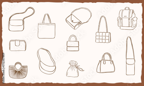bags illustration - hand drawn sketch doodle collection set