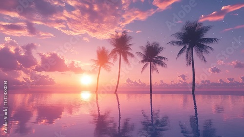 Vibrant tropical sunset with four silhouetted palm trees and their perfect reflection in the calm ocean water