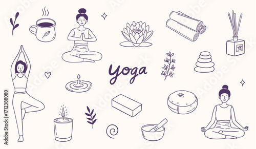 yoga meditation exercise illustration doodle sketch drawing collection set
