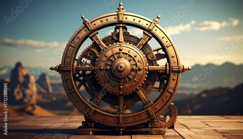 Ornate golden wheel mechanism against mountain backdrop