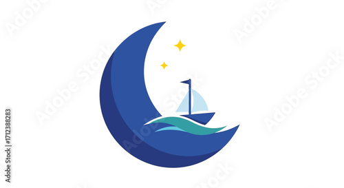 Crescent Moon Sailboat Ocean Night Scene.