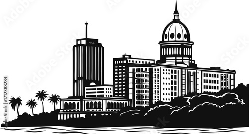 High resolution black and white city skyline silhouette illustration for modern design projects
