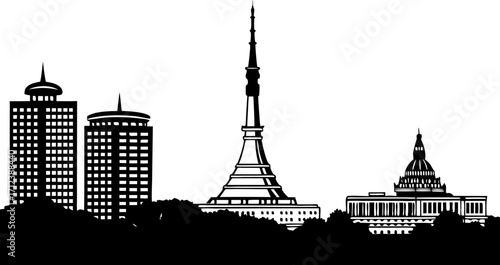High resolution black and white city skyline silhouette for modern graphic design projects