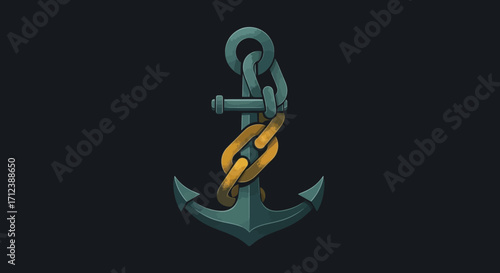 Dark teal anchor with gold chain link.