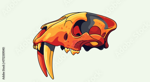 Detailed illustration of a saber toothed tiger skull with large fangs.