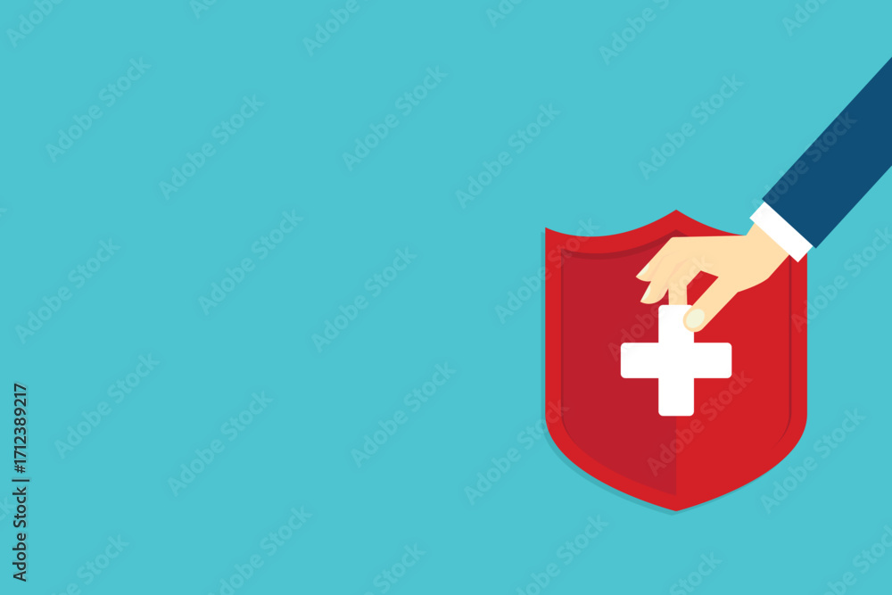 Obraz premium Medical healthcare insurance. Red shield on patient protection policy and pen. Medicine symbol. 