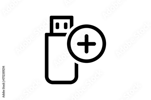 Usb flash drive icon with plus sign symbol representing adding storage or data transfer vector