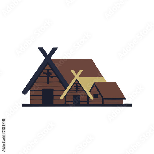 Flat design logo of a historic Viking village featuring traditional wooden longhouse architecture on a white background