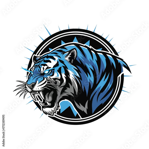 A fierce blue tiger's head roars within a stylized circular emblem, radiating power and energy.