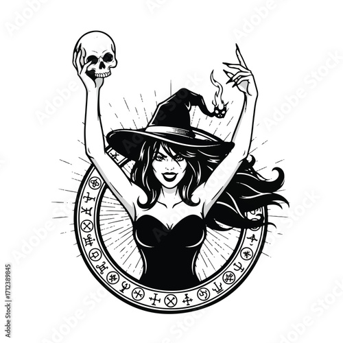 A witch with long hair holds a skull aloft, surrounded by a circular design.