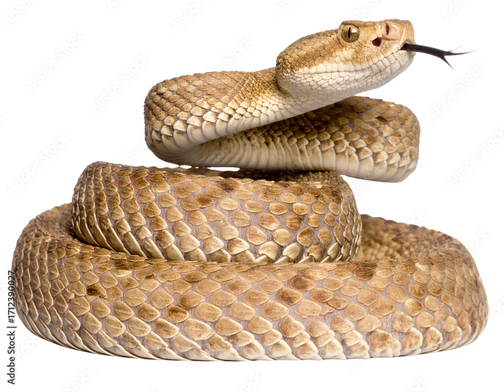 Obraz premium Coiled Desert Rattlesnake Ready to Strike Isolated on Transparent