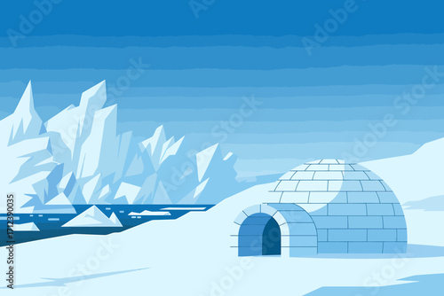 Arctic igloo dwelling in frozen landscape under clear blue sky serene winter scene vector