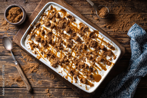 Overhead Styled Photo of Biscoff Tiramisu Dessert