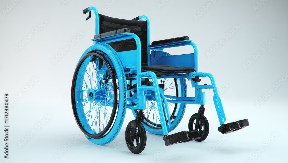 Fototapeta premium A vibrant blue wheelchair, modern and streamlined, is presented against a neutral backdrop.