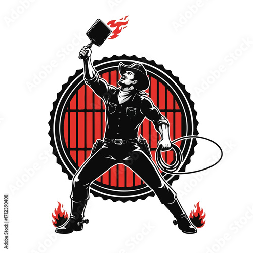 A cowboy figure, wielding a spatula and lasso, positioned above a grill, in a dynamic pose, suggesting a barbecue theme.
