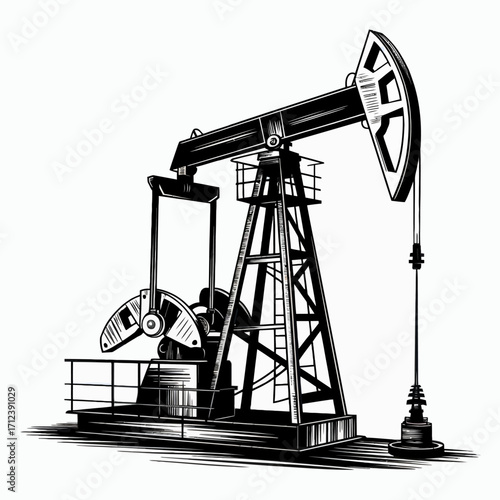 Oil pump jack illustration in black and white for energy resource extraction and industrial concept depiction illustration of oil field equipment