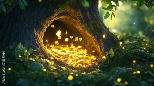 Golden coins hidden inside a mystical forest tree