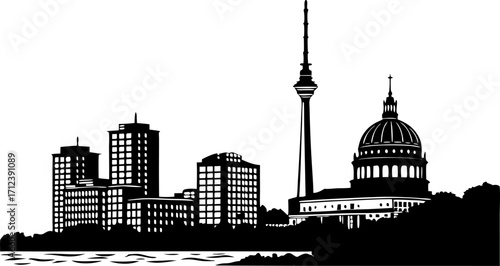 High resolution black and white city skyline silhouette illustration for modern urban designs