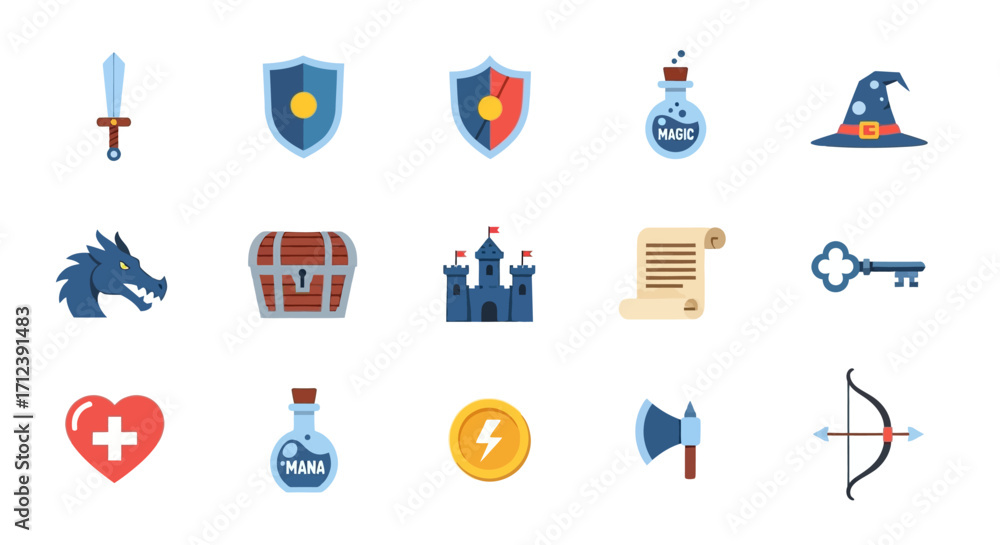 Fototapeta premium Fantasy Game Assets - Sword, Shield, Potion, Dragon, Castle, and More.