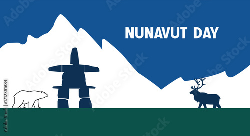 Nunavut Day Icon with Inuksuk, Polar Bear, Caribou, and Mountains