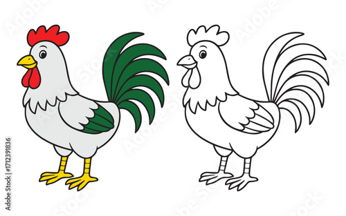 Cartoon Rooster Illustration Colored and Outline Version for Kids Activities