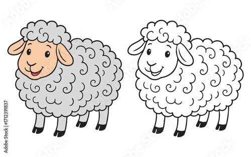 Cartoon Sheep Illustration Colored and Outline Version for Kids Activities