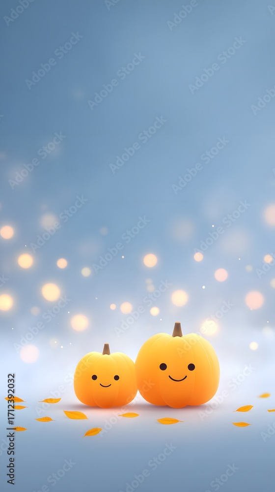 Naklejka premium Joy Monster Pumpkin Cheerful pumpkins with smiling faces against a soft blue background.