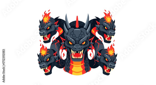 Fierce five headed black dragon with flaming horns.