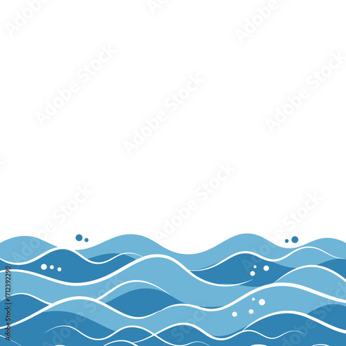 Stylized illustration of ocean waves in varying shades of blue with white accents against a white background.