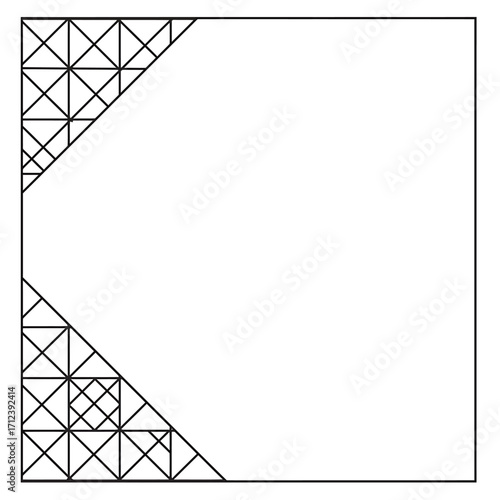 Abstract geometric design featuring nested triangles and squares arranged in the upper left and lower left corners of a square frame.