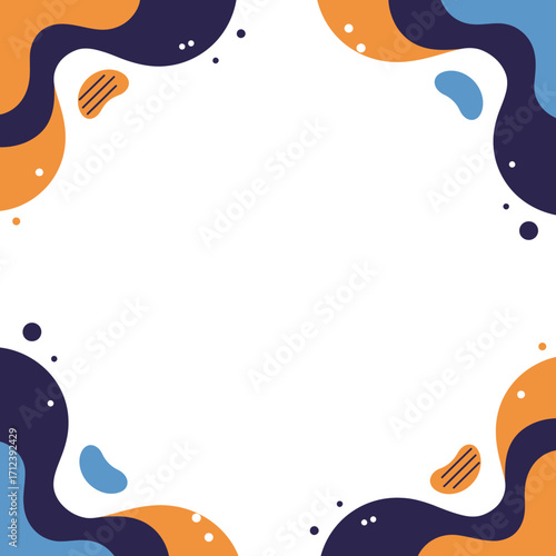 Abstract frame with fluid shapes in orange, blue, and navy creating a border around a white central space.