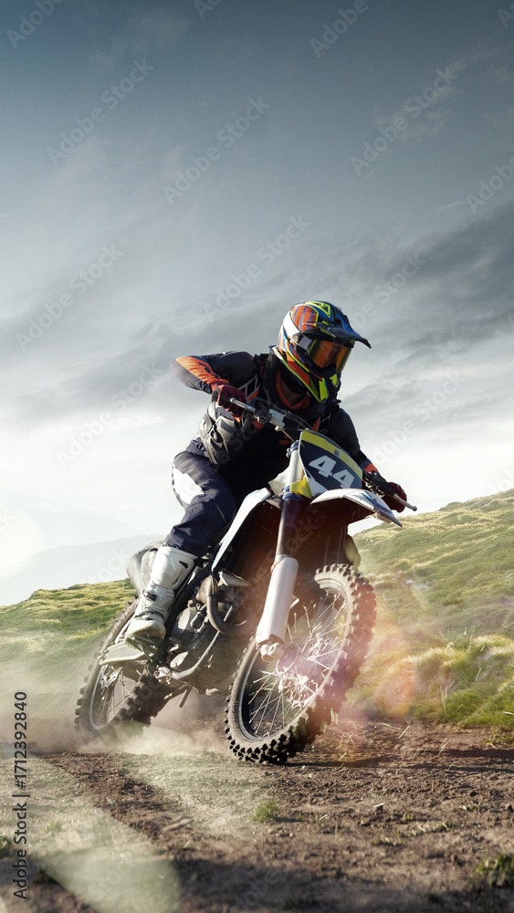 Naklejka premium Vertical collage poster of bike rider leans forward accelerating on dusty grassy path with sunny scenic view. Off road travel. Motorsport, sport, speed, travel. 3D render of background.