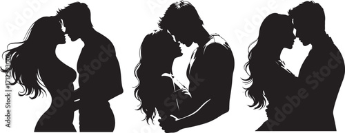 Silhouettes vector of three couples embracing and kissing.
