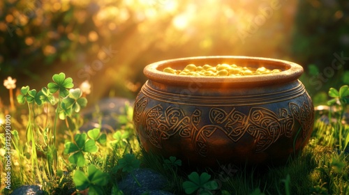 Golden Pot Of Coins Nestled In Green Clover
