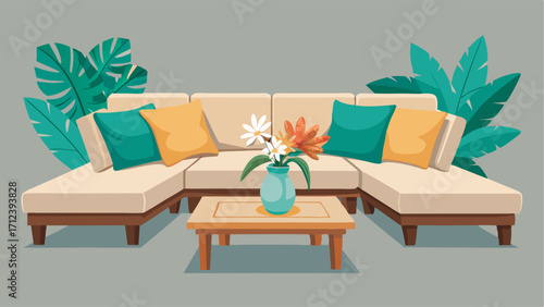A cozy seating area with a neutralcolored sectional sofa and a reclaimed wood coffee table adorned with tropical flower arrangements.