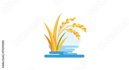 Golden Rice Plant Growing in Water Illustration.