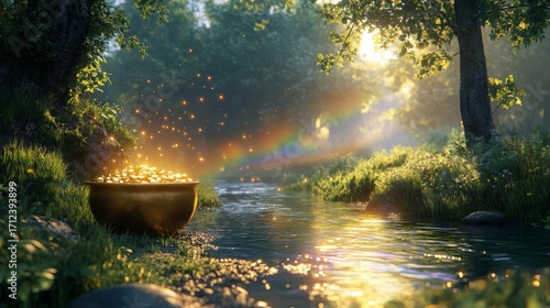 Golden Pot Of Gold At End Of Rainbow In Forest