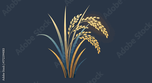 Golden rice stalks with lush green leaves on a dark background.
