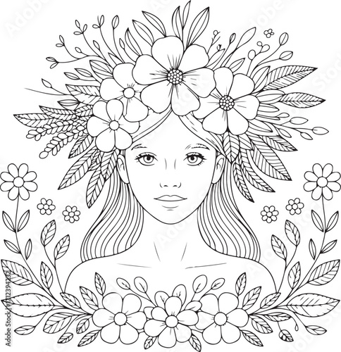 Floral Headdress Girl Coloring Page Black and White Vector Illustration