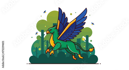 Green Griffin Soaring Through Lush Forest.