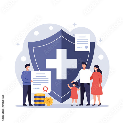 Family health insurance concept with shield cross and happy people vector illustration